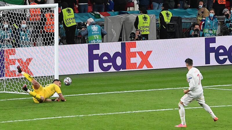 Alvaro Morata of Spain sees his  penalty  saved by Italian goalkeeper Gianluigi Donnarumma during the Euro 2020 semi-final at Wembley. Photograph:  Facundo Arrizabalaga/AFP via Getty Images