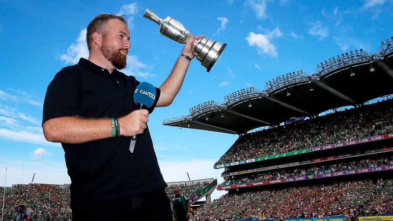Shane Lowry shows off the Claret Jug at Croke Park during the All-Ireland hurling semi-final between   Limerick and Kilkenny on Saturday. Photograph: Tommy Dickson/Inpho