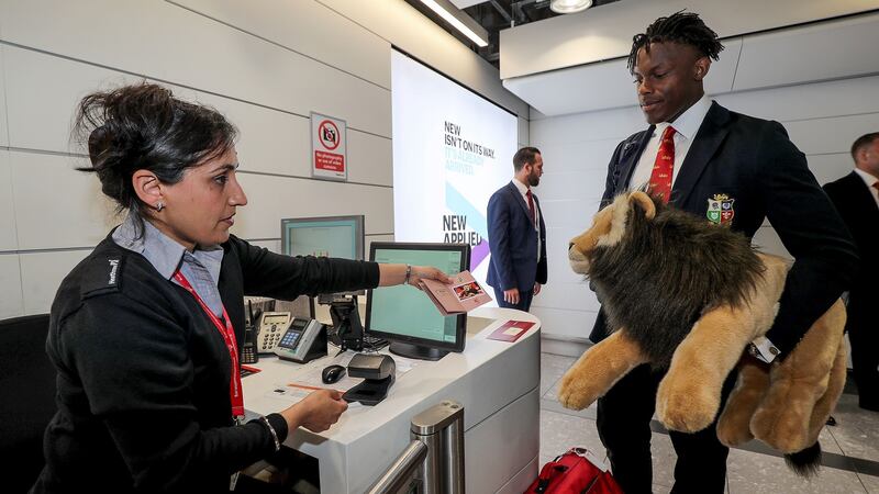 Billy the Lion, the British & Irish Lions mascot, checks in along with Maro Itoje. Photograph: Dan Sheridan/INPHO