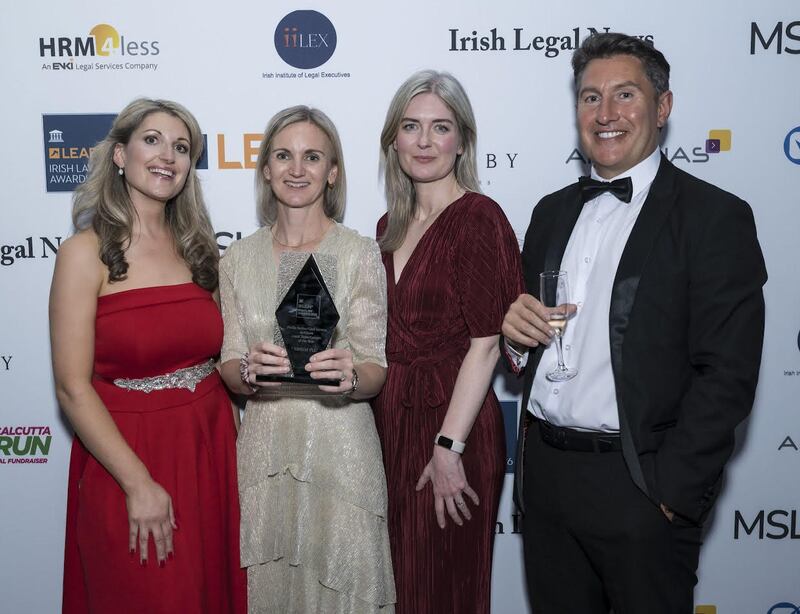 Richard Hammond, solicitor and partner at Hammond Good and chair of the judging panel of the Leap Irish Law Awards; Brian McMullin, Judge of Leap Irish Law awards; Catherine Byrne, head of legal services at EirGrid; Hugh Byrne, senior solicitor at EirGrid; Frances Spillane, senior legal secretary at EirGrid; Deirdre O’Hanlon, senior solicitor at EirGrid; and Anton Savage, MC of the night. Photograph: Paul Sherwood