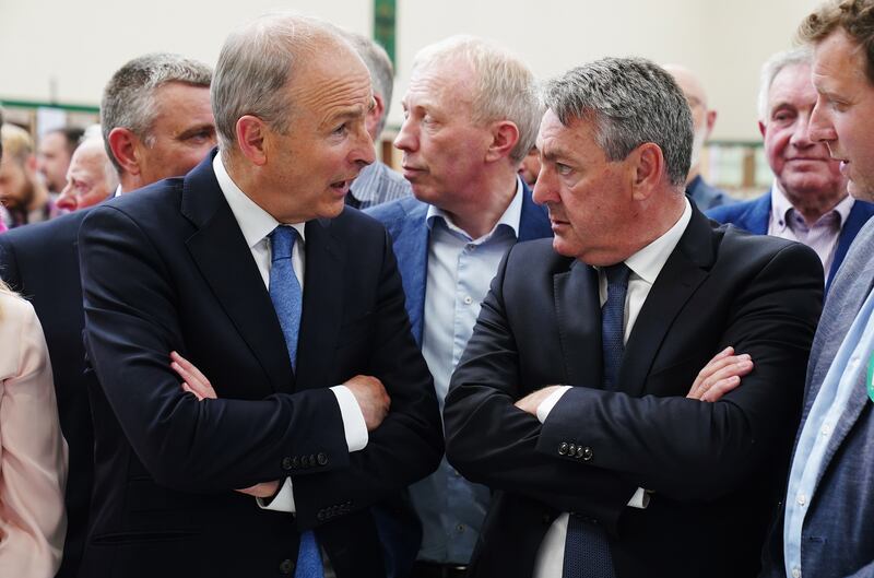 Fianna Fáil's Billy Kelleher (right) with Tánaiste and party leader Micheál Martin as they await the results of the 18th count in the European elections. Photograph: Brian Lawless/PA Wire