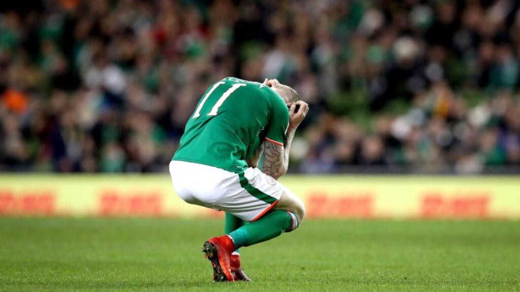 A dejected James McClean after Ireland’s 5-1 defeat to Denmark. Photograph: Ryan Byrne/Inpho