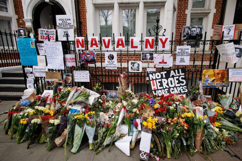 Floral tributes left for the late Russian opposition leader Alexei Navalny near the Russian Embassy in London. Photograph: Rui Minderico/EPA