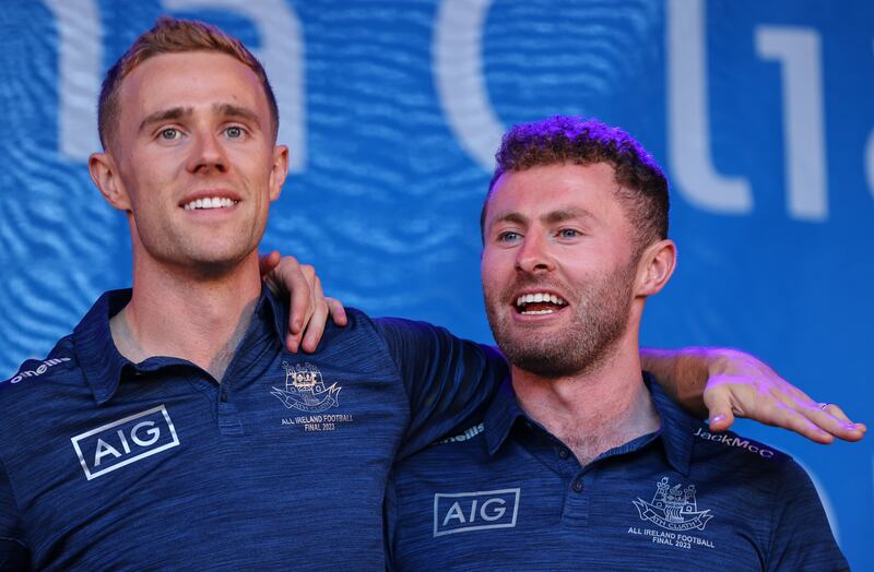 Paul Mannion and Jack McCaffrey at the Dublin homecoming in Smithfield. The return of the the two experienced stalwarts was a big factor in Dublin's return to All-Ireland glory. Photograph: Tom Maher/Inpho 