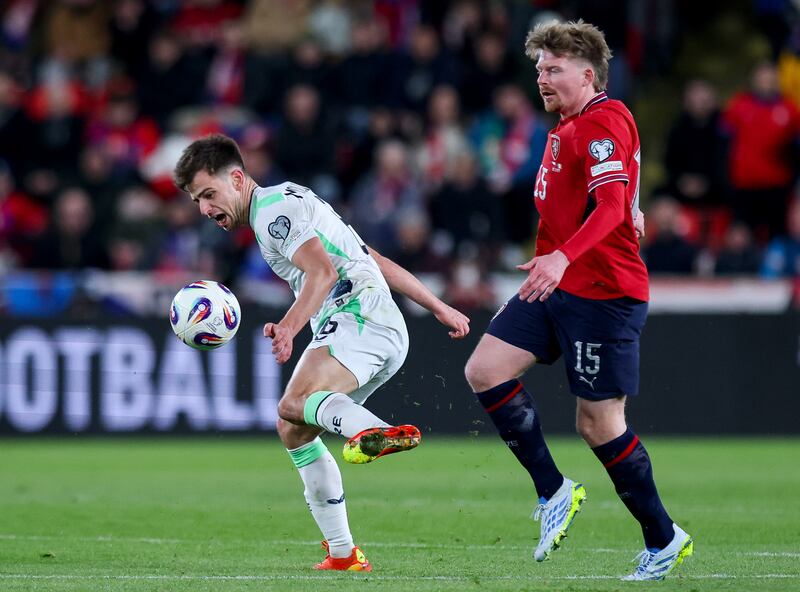 Ireland's Jayson Molumby and Czech Republic's Pavel Šulc. Photograph: Ryan Byrne/Inpho