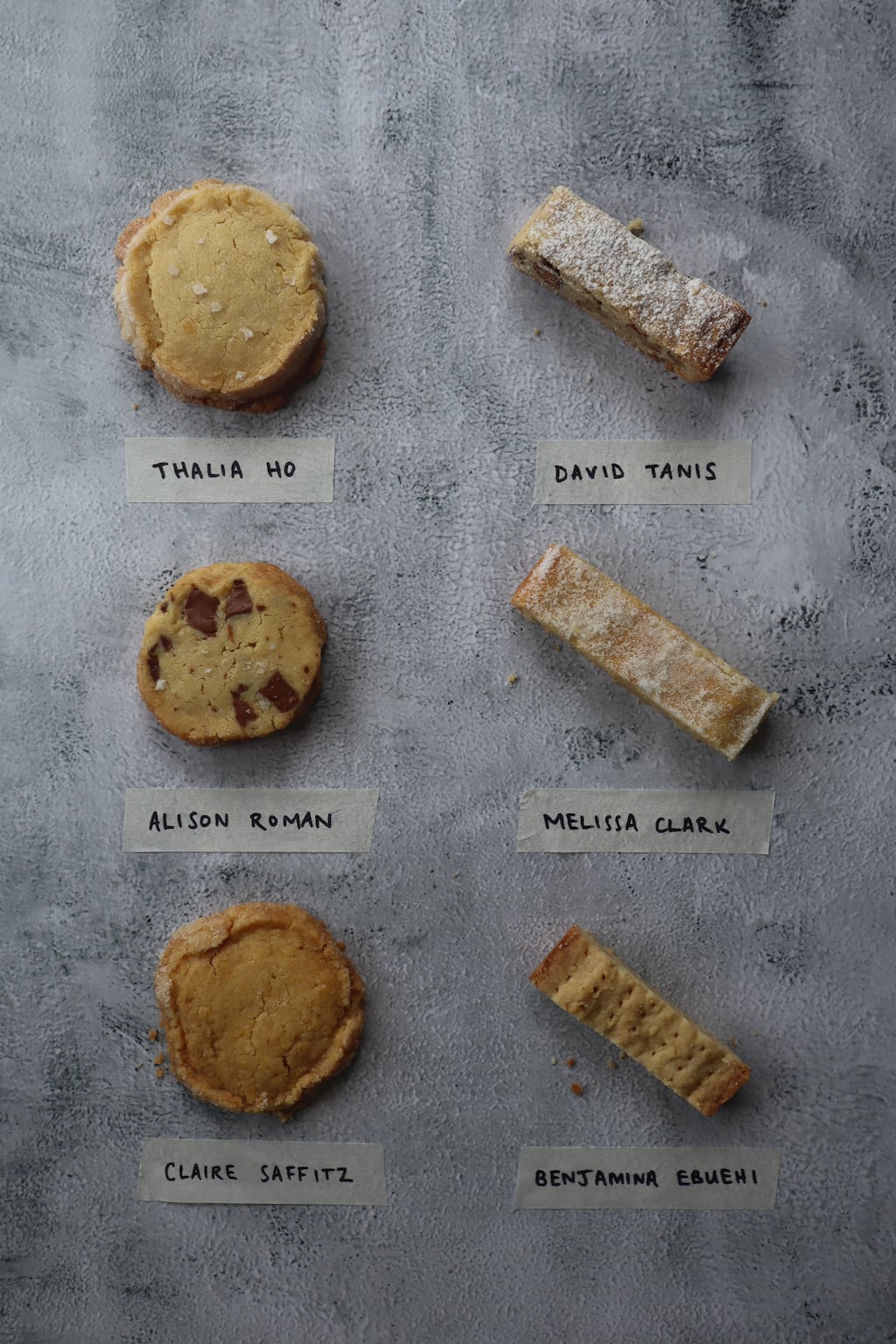 Beth O'Brien's shortbread test, using recipes from David Tanis, Alison Roman, Benjamina Ebuehi, Melissa Clark and Claire Saffitz