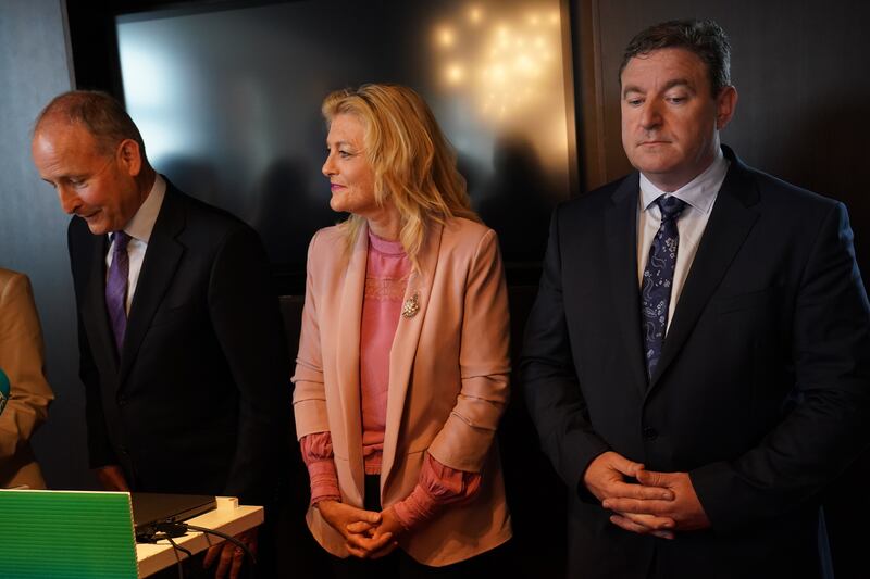 Micheál Martin, Cynthia Ní Mhurchú and Niall Blaney at the launch of Fianna Fáil's European election campaign at Radisson Blu Royal Hotel in Dublin on Friday. Photograph: Brian Lawless/PA Wire