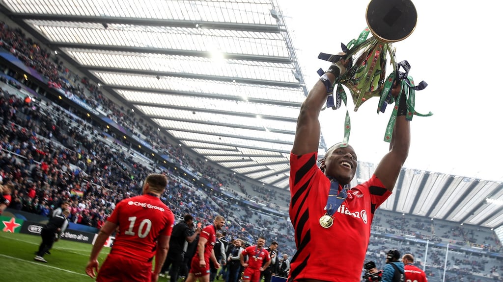 Maro Itoje celebrates Saracens’ 2019 Heineken Cup final victory over Leinster. Photograph: Dan Sheridan/Inpho