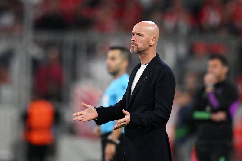 Erik ten Hag reacts as Manchester United play Bayern Munich. Photograph: Matthias Hangst/Getty