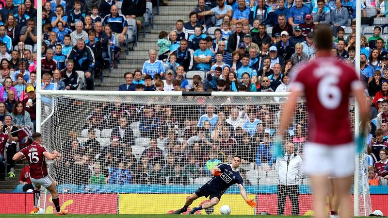 Dublin goalkeeper Stephen Cluxton saves a penalty from Eamonn Brannigan of Galway. Photograph: Ryan Byrne/Inpho