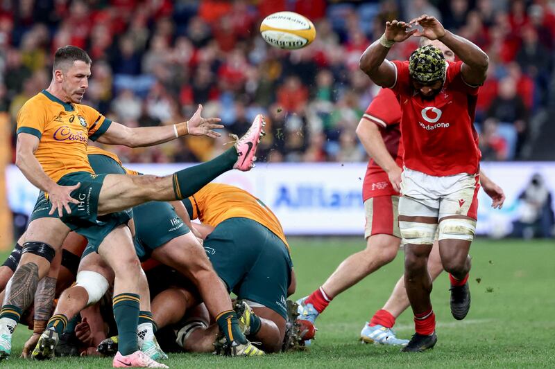 Australia scrumhalf Jake Gordon box kicks during the first Test against Wales in Sydney. Photograph: David Gray/AFP via Getty Images