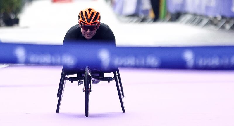 The Dublin Marathon: Patrick Monahan from Kildare wins the wheelchair race. Photograph: Ben Brady/Inpho