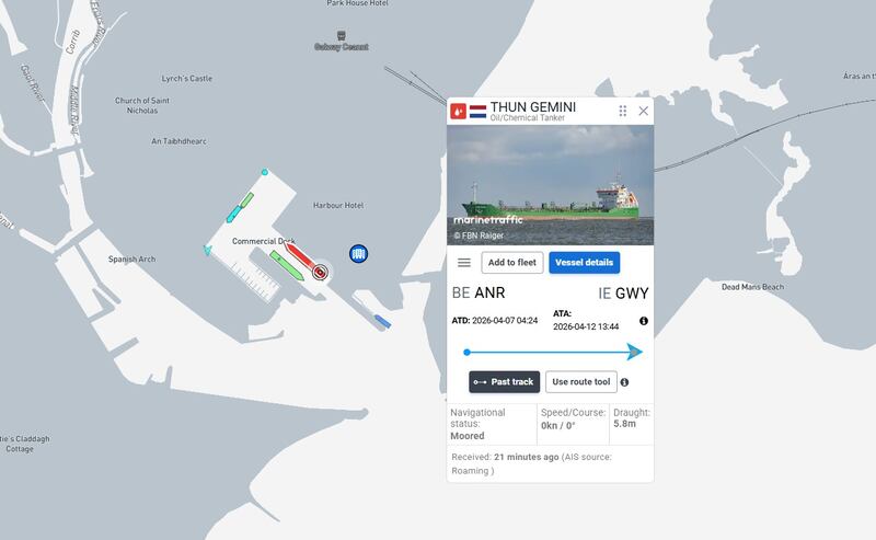 Oil tanker Thun Gemini has docked in Galway, The Irish Times has learned. Image via MarineTraffic.com