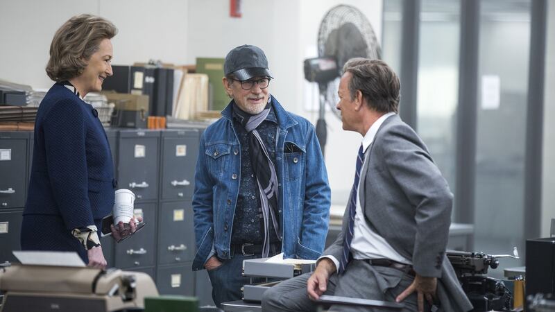 Meryl Streep,  Steven Spielberg and Tom Hanks on the set of The Post. The film’s story of Nixon attacking the media has parallels today, except, says Spielberg, “Nixon didn’t have a Twitter account.” Photograph: Niko Tavernise/20th Century Fox