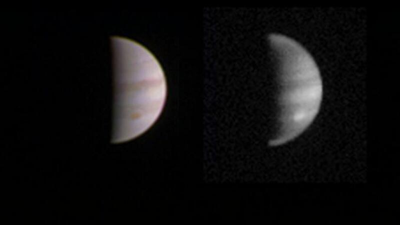 Handout photos issued by Nasa of a composite of two views of Jupiter taken on August 23rd by the Juno probe when it was 4.3 million kms  from the planet, the left image shows visible colours and the right image was taken with an infrared filter and reveals the abundant methane in Jupiter’s atmosphere. Photograph: PA/Nasa