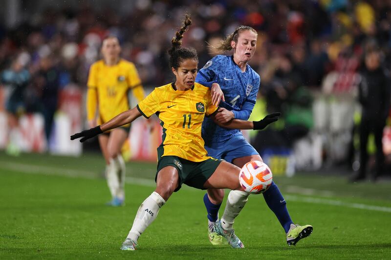 Mary Fowler of Australia and Kiera Walsh of England during their Women's International Friendly match at Gtech Community Stadium in Brentford. Photograph: Ryan Pierse/Getty Images