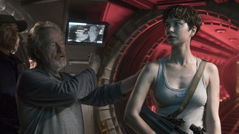 Ridley Scott and Katherine Waterston on the set of Alien: Covenant.  Photograph: Twentieth Century Fox