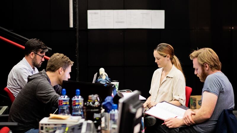 Beckett’s Room writers and co-directors Bush Moukarzel and Ben Kidd in rehearsal with Brian Gleeson (Beckett) and French actress Barbara Probst (Dechevaux-Dumesnil).