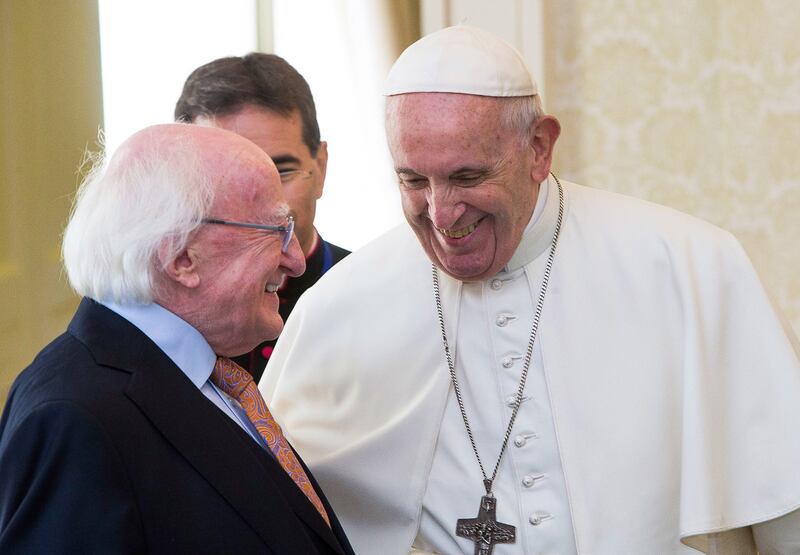 Pope Francis with President D Higgins  at Aras an Uachtarain in 2018. Photograph: WMOF2018/Maxwell Photography via Getty Images