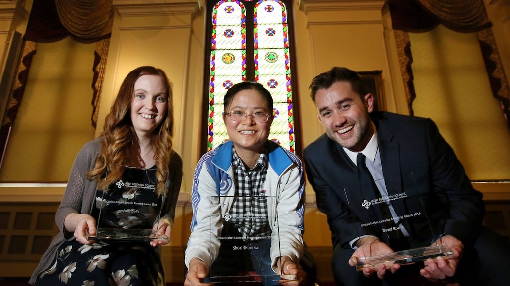 Emer Duffy, postdoctoral researcher based at DCU, ShuaiShuai Hu, postgraduate scholar based at DIT, and David Burns, PhD candidate based at UCC. Photograph: Mark Stedman