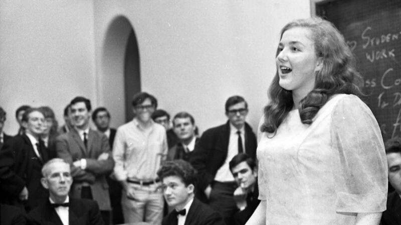 Marian Finucane  talking part in  The Irish Times debating competition at University College Dublin in 1968 as a student with Bolton Street College of Technology. Photograph: Tommy Collins/The Irish Times