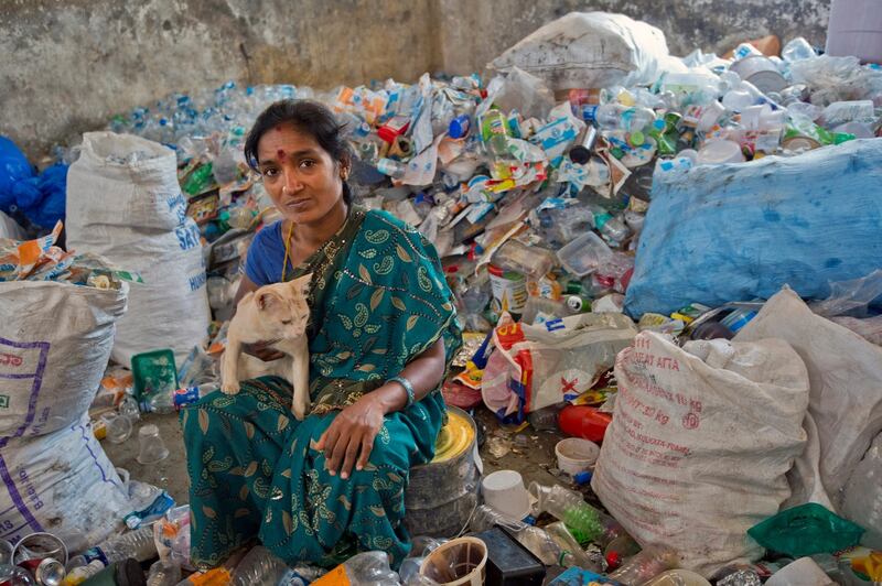 Sampagi, who is 35, is a dry-waste picker in Bangalore. She employs her husband and son