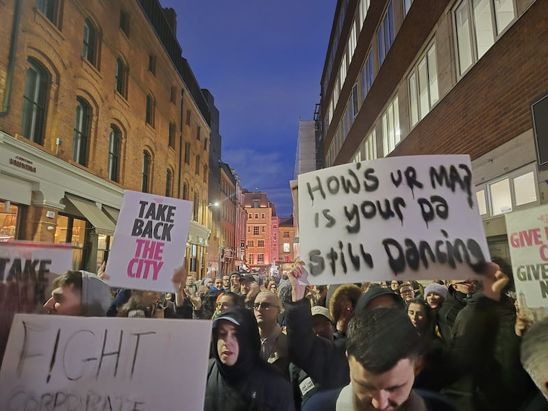 A section of the crowd that gathered on Exchequer Street and neighbouring Dame Court. Photograph: Órla Ryan