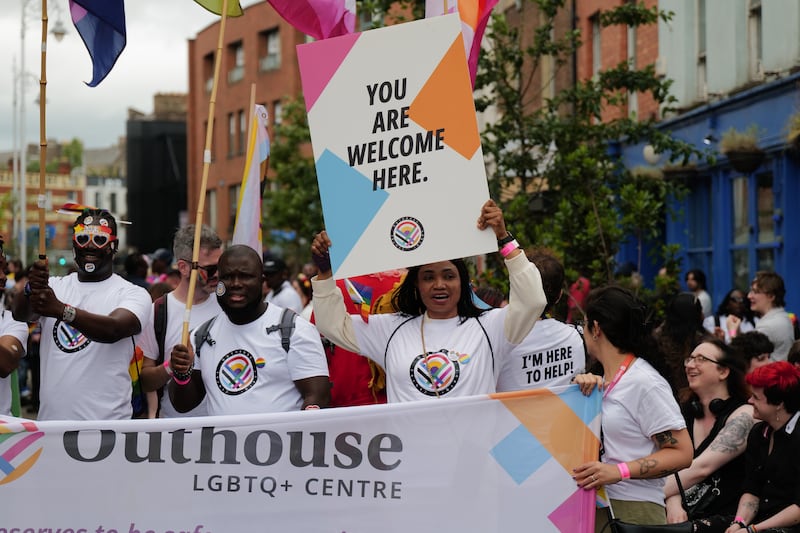 People gathering at Outhouse LGBTQ+ Centre ahead of the Dublin Pride Parade on Saturday. 