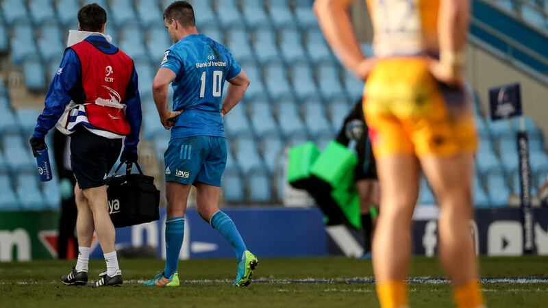 Leinster’s Johnny Sexton leaves the field to take a HIA during the Heineken Champions Cup quarter-final against Exeter at Sandy Park. Photograph: James Crombie/Inpho