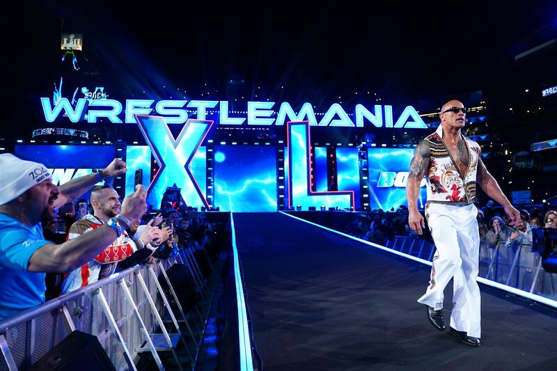 The Rock enters the ring on Night Two of WrestleMania 40 at Lincoln Financial Field. Photograph: WWE/Getty