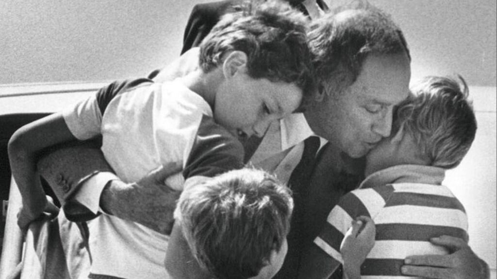 Former Canadian prime minister Pierre Trudeau with his sons Justin (left), Sacha (right) in Ottawa in a 1983 file photo.  Photograph: Andy Clark/Reuters