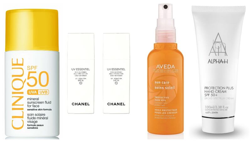 Clinique Mineral Sunscreen Fluid for Face SPF30/50 (€28); Chanel UV Essentiel Multi-Protection Daily Defender U Pollution SPF 30/50 (€53 from May 27th);  Aveda Sun Care Protective Hair Veil (€28.50); Alpha H Protection Plus Hand Cream SPF 50+ (€39)