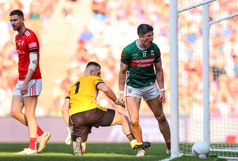 Conor Loftus celebrates scoring Mayo’s third goal in Saturday's semi-final against Louth. Photograph: Tom O’Hanlon/Inpho