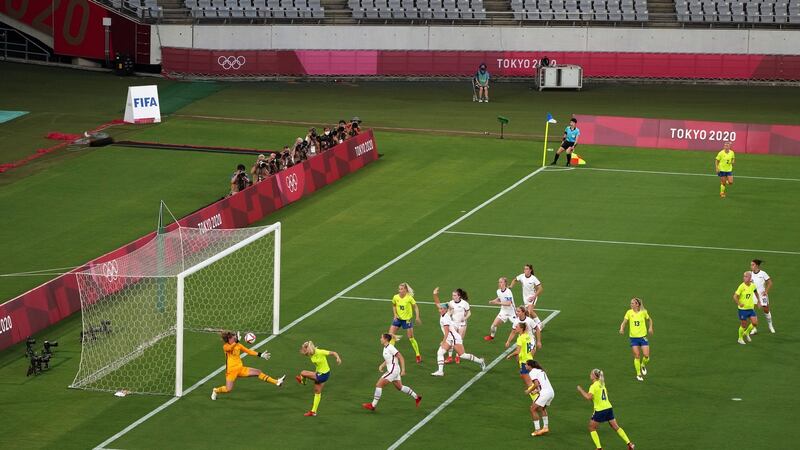 Sweden’s Stina Blackstenius scores her side’s second goal against the USA. Photograph: Emily Rhyne/NYT