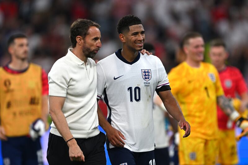 Gareth Southgate and Jude Bellingham after the disappointing draw against Denmark on Thursday in Frankfurt am Main, Germany. Photograph: Stu Forster/Getty Images