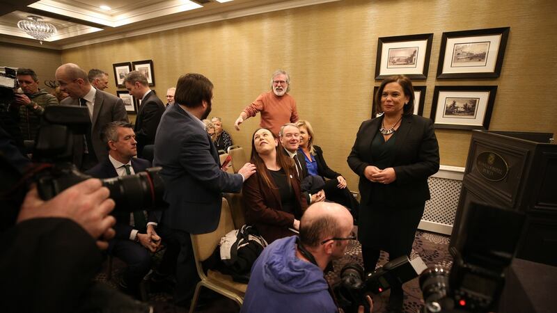 Sinn Féin Leader Mary Lou McDonald and elected colleagues at a meeting in Buswells Hotel, Dublin. Photograph Nick Bradshaw