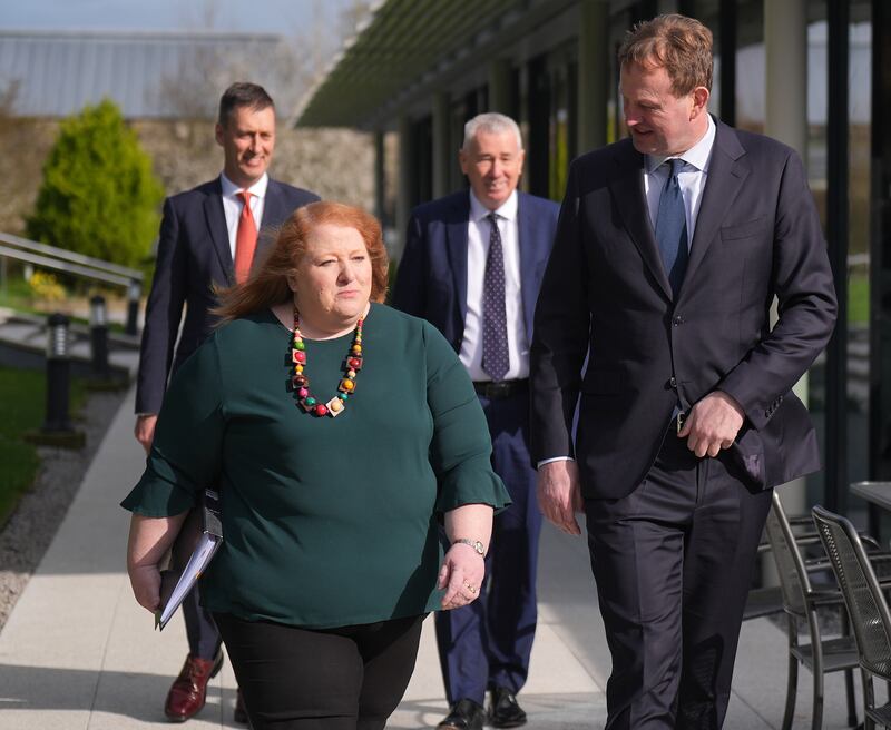 Garda Commissioner Justin Kelly, Northern Ireland Justice Minister Naomi Long, PSNI Chief Constable Jon Boutcher and the Republic's Justice Minister Jim O'Callahan at a cross-Border conference on policing in Farnham Estate, Co Cavan, on March 2nd. Photograph: Niall Carson/PA