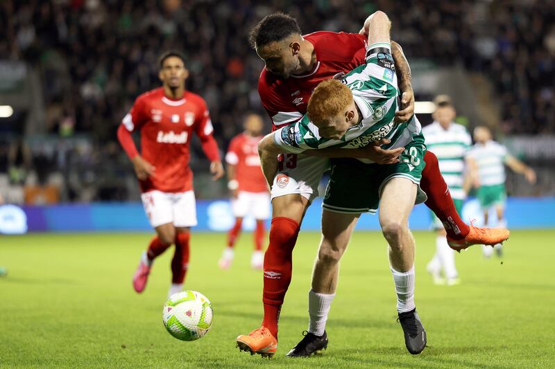 Shamrock Rovers' Rory Gaffney and Rocha of Santa Clara. Photograph: Laszlo Geczo/Inpho