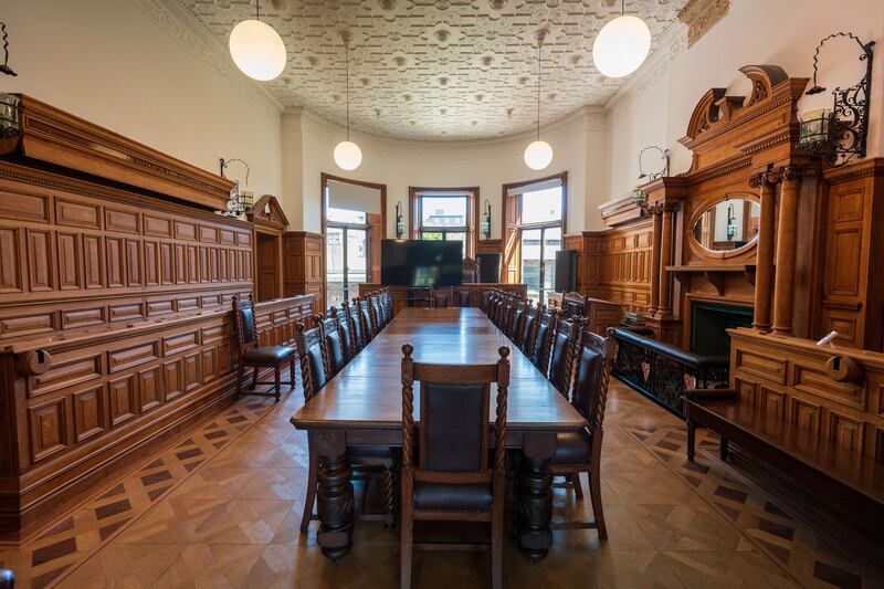 11 Parnell Square East: Council chamber, with oak-panelled walls and fittings. Photograph: Colin Shanahan/DigiCol Photography