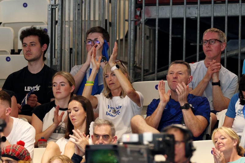 Kate and Gerry McCann watch their son Sean compete during the men's 400m freestyle at Tollcross International Swimming Centre. Photograph: Adam Pretty/Getty Images