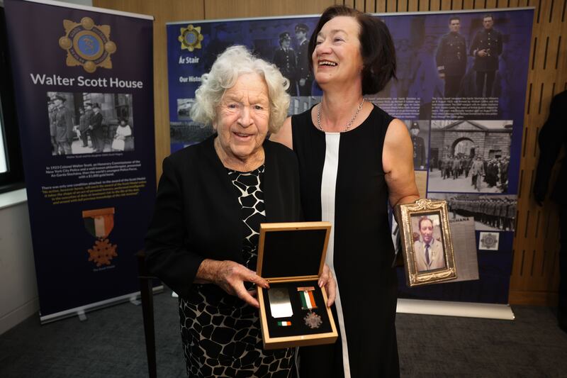 Jean Lahiffe, who received a bronze Scott medal on behalf of her late husband Det Garda Morgan Lahiffe, pictured with her daughter Avril at a ceremony in Dublin on Monday. Photograph: Dara Mac Dónaill