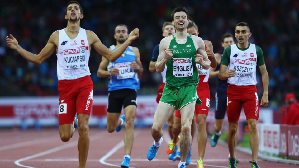 Mark English affords himself a smile as silver medalist Artur Kuciapski of Poland (left) and gold medalist Adam Kszczot of Poland (right) celebrate after the men’s 800m  final   at Stadium Letzigrund  in Zurich, Switzerland. Photograph:  Michael Steele/Getty Images