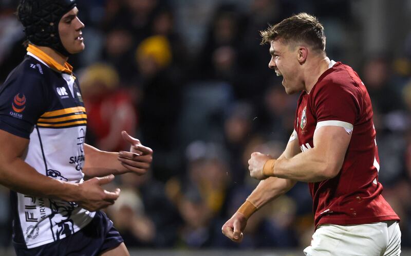 Garry Ringrose celebrates scoring for the Lions against the Brumbies. Photograph: Billy Stickland/Inpho
