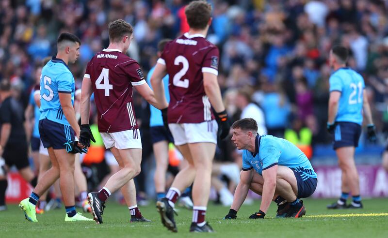 Dublin’s John Small shows his dejection following the quarter-final defeat by Galway. Photograph: James Crombie/Inpho 