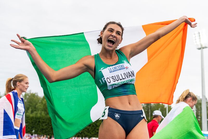 Sophie O'Sullivan of Ireland poses with flag after Women's 1500m during European Athletics U23 Championships in Espoo, Finland. Photograph: Jurij Kodrun/Getty Images/European Athletics