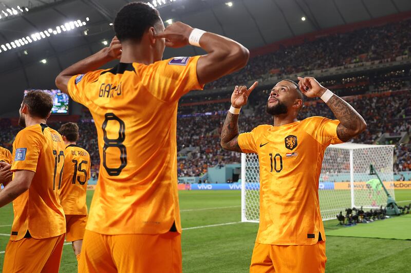 Memphis Depay of Netherlands celebrates scoring against the USA. Photograph: Julian Finney/Getty Images