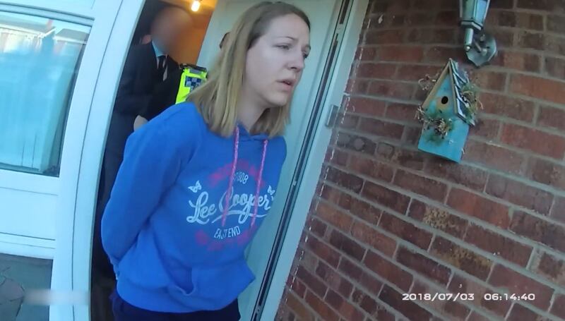 Screen grab taken from body-worn camera footage issued by Cheshire Constabulary of the arrest of Lucy Letby.  Photograph: Cheshire Constabulary/PA Wire 
