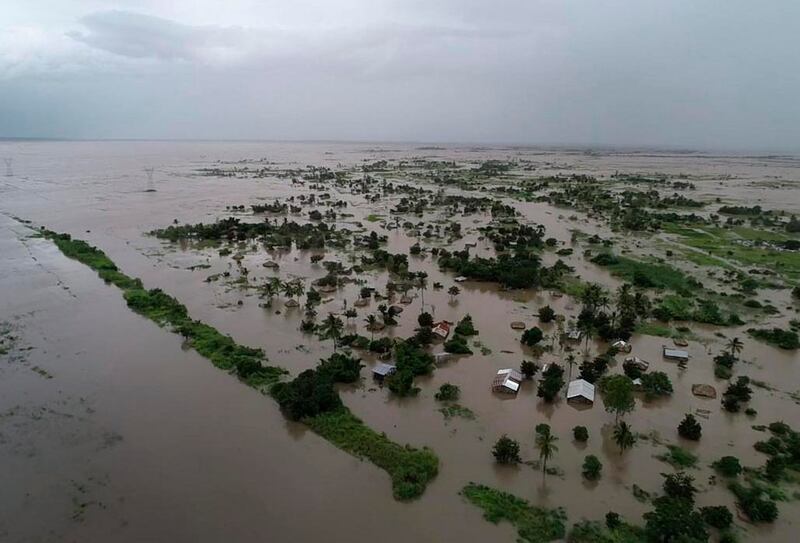 Flood waters cover large tracts of land in Nicoadala,  Mozambique. Rapidly rising floodwaters have created ‘an inland ocean’ in the country, endangering many thousands of families, as aid organizations scramble to rescue and provide food to survivors of cyclone Idai. Photograph: World Food Programme via AP
