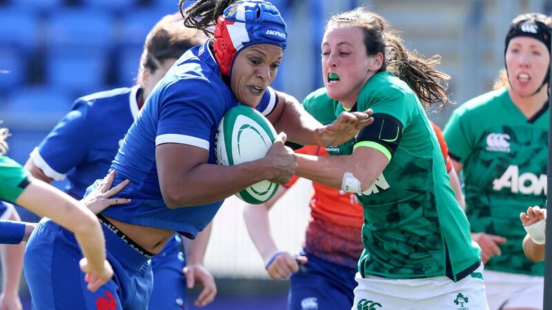 France’s Safi N’Diaye is tackled by Ireland’s Hannah Tyrrell  during the Women’s Six Nations game in Donnybrook. Photograph: Bryan Keane/Inpho