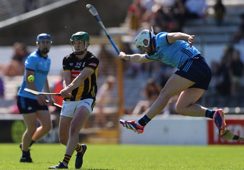 Dublin's Chris Crummey attempts to block shot from Kilkenny's Luke Hogan. Photograph: Leah Scholes/Inpho